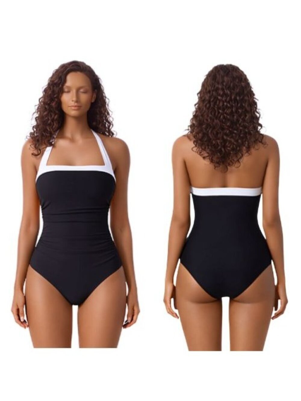 A12 🆕Small Black White Halter One Piece Tummy Control Color Block Swimsuit NWOT